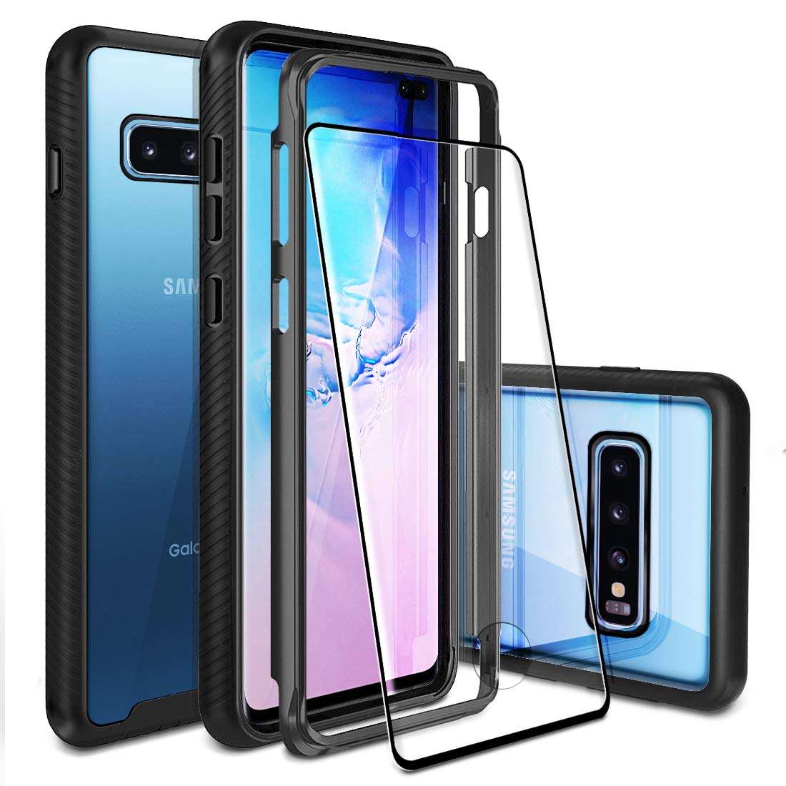 for Samsung Galaxy S10 Plus Case Clear Back Heavy Duty Built in Frame Full Body Case Rugged Hybrid 9H Tempered Glass kit [VVUPIC] -Support Fingerprint Unlock Sensor Position- 1
