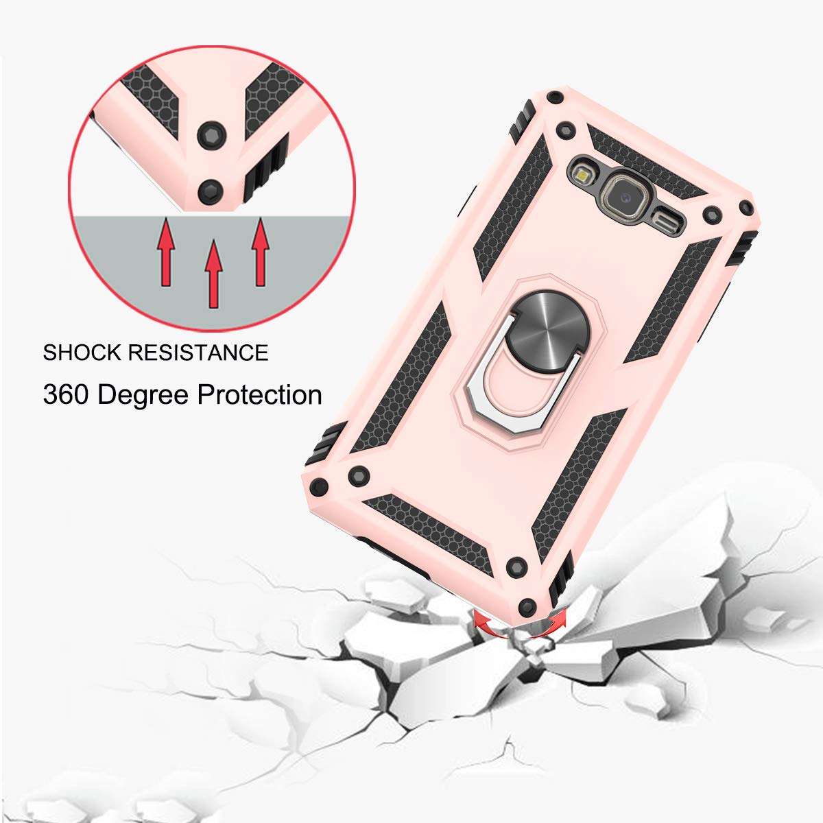 StarLodes Compatible for Samsung Galaxy J7 2015 Case,J7 Neo,J7 Core,J7 Nxt Phone Case,[HD Screen Protector] Heavy Duty Shockproof Protective Cover with Ring Kickstand for Magnetic Car Mount-Rose Gold 3