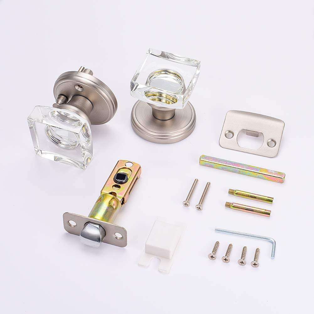 CLCTK Privacy Crystal Door Knobs Interior with Lock, Square Glass Door Knobs Interior for Bed/Bathroom, Satin Nickel, XHN-002 4