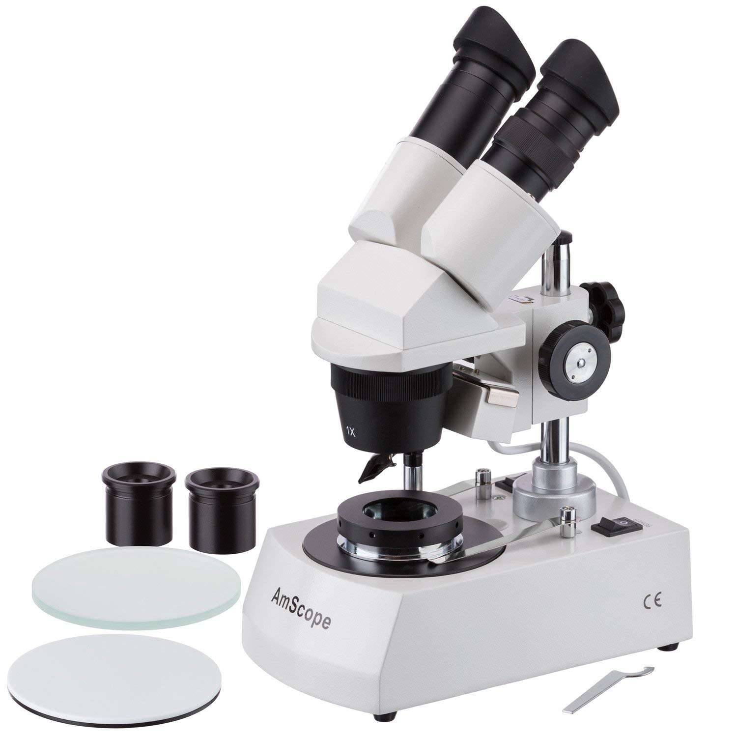 AmScope SE305-PZ-DK Binocular Stereo Microscope, WF10x and WF20x Eyepieces, 10X/20X/30X/60X Magnification, 1X and 3X Objectives, Upper and Lower Halogen Lighting, Reversible Black/White Stage Plate, Arm Stand, 120V, Includes Darkfield Condenser 1