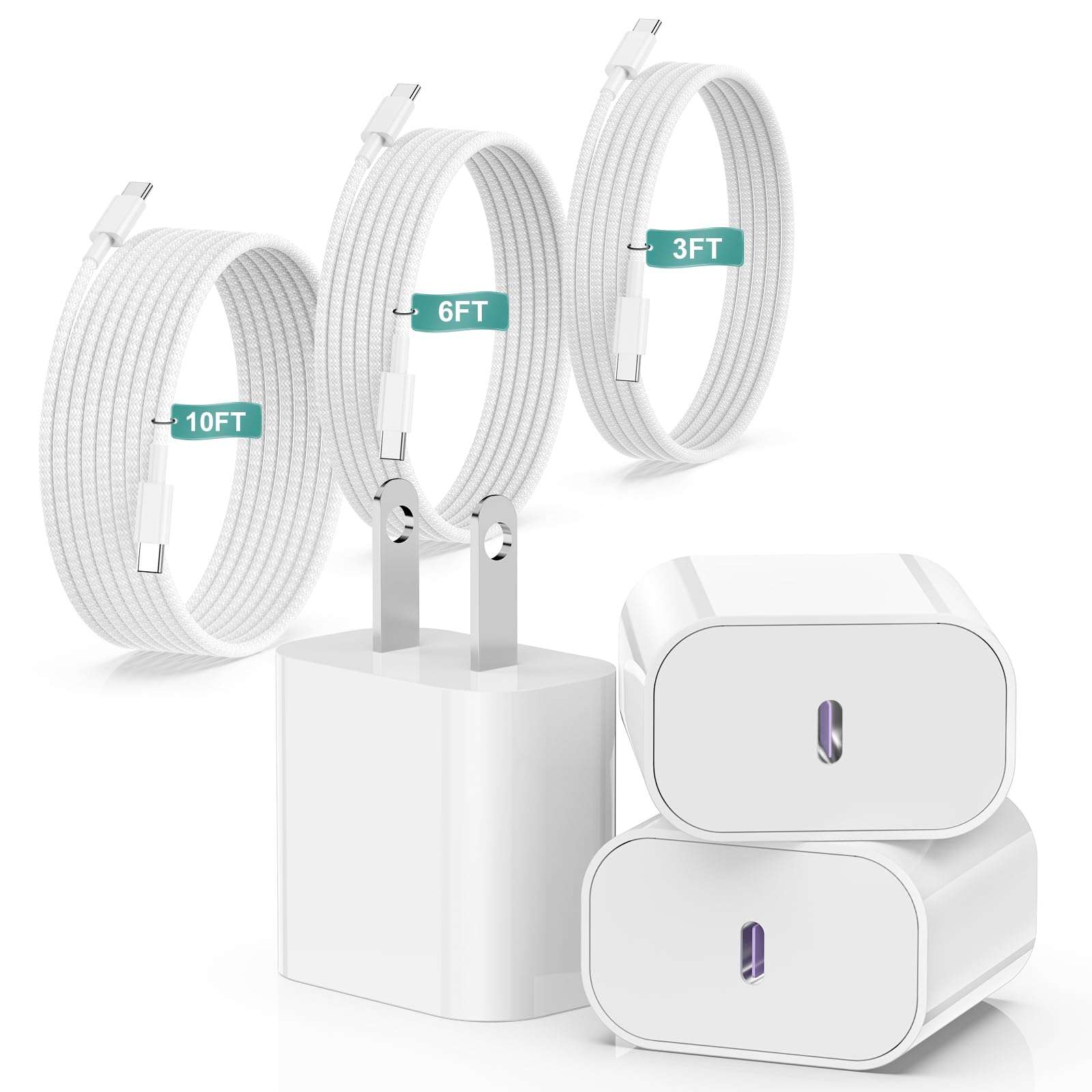 iPhone 16 15 Charger Fast Charging 20W USB C Wall Charger Block with 3 Pack [3ft+6ft+10ft] USB C to C Cable Fast Charging for iPhone 15/16 Pro Max/15/16 Pro/15/16 Plus/iPad Pro 12.9/11/Air/Samsung 1