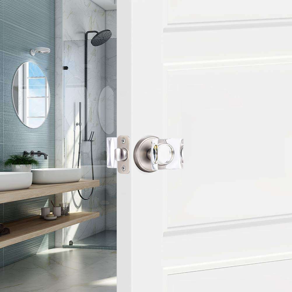 CLCTK Privacy Crystal Door Knobs Interior with Lock, Square Glass Door Knobs Interior for Bed/Bathroom, Satin Nickel, XHN-002 6