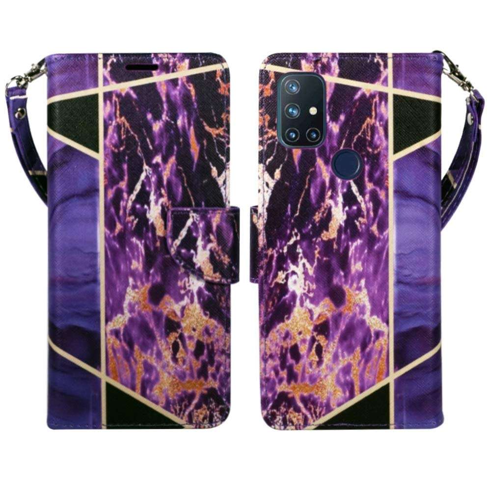 Zase Design for OnePlus Nord N10 5G Wallet Phone Case for Women Pouch PU Leather Flip Folio Cute Cover w/Kickstand ID Card Holder Money Slot Wrist Strap for OnePlus Nord N10 5G (Purple Gold Marble) 1