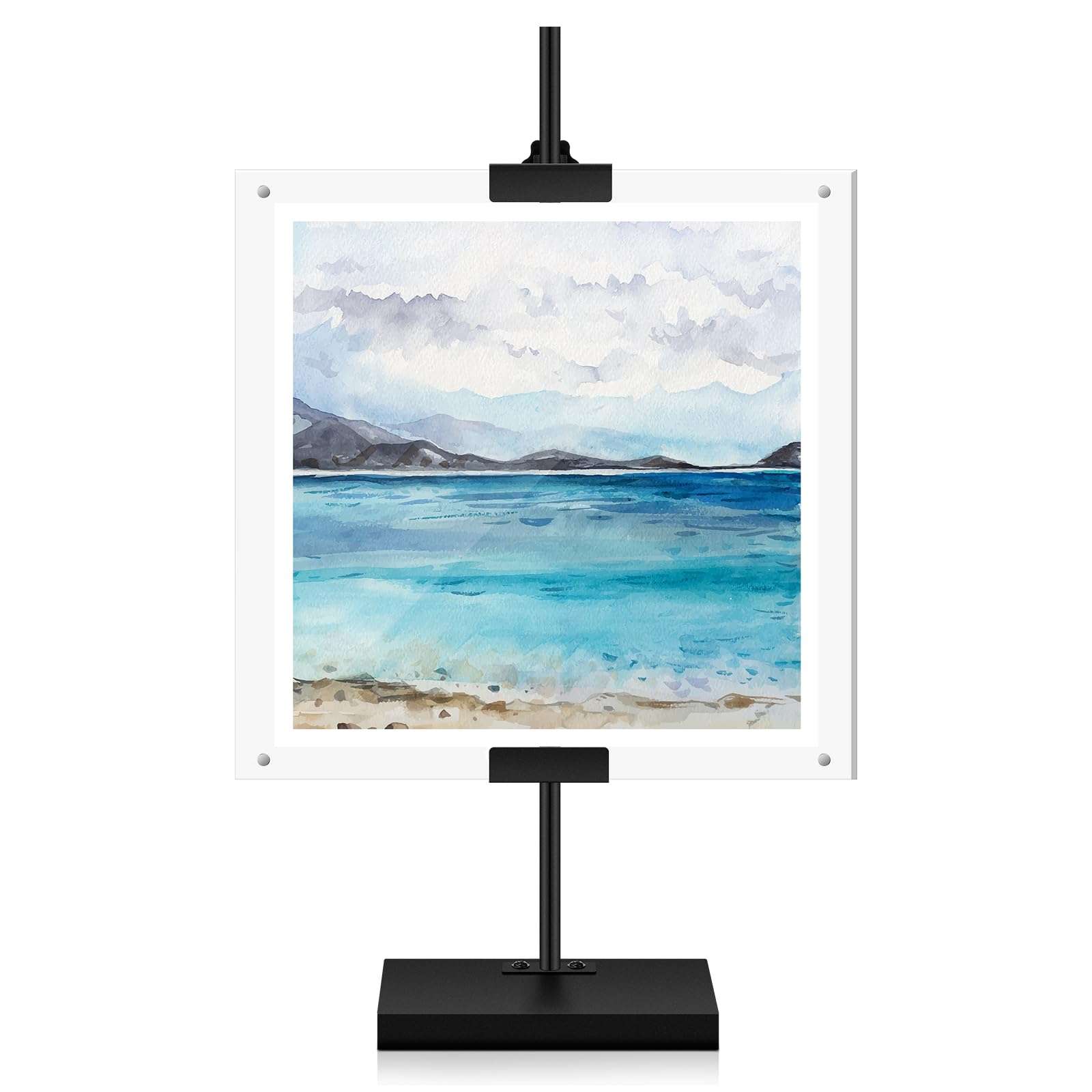 Yaocom Adjustable Metal Easel Stand with Acrylic Floating Photo Frame 16.5 Tabletop Frame Stand for Display Photos, Art, Poster or Signs Floor Heavy Duty Easel Holder for Home Exhibition Restaurant 1