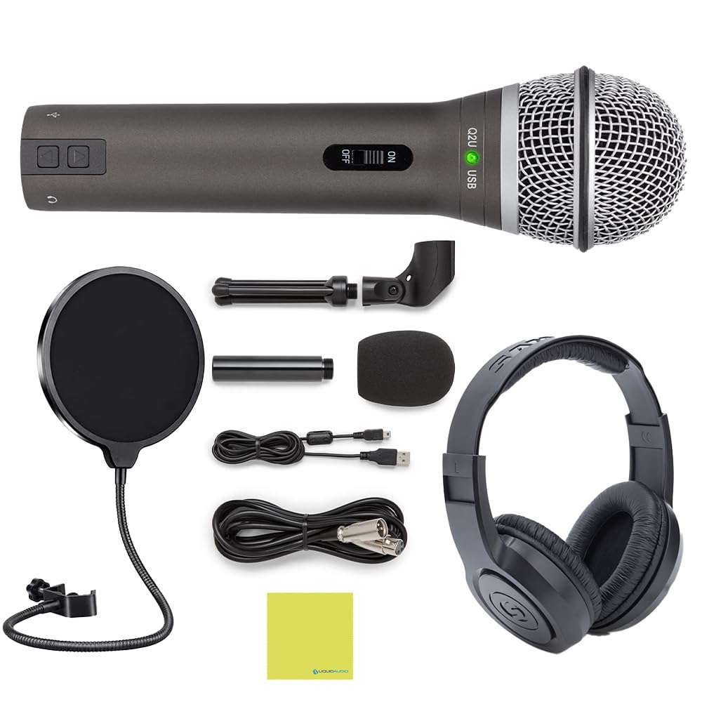 Samson Q2U USB/XLR Dynamic Microphone Bundle with Over Ear Samson Stereo Headphones SR350, Pop Filter, Desktop Tripod, Mic Clip a Windscreen, USB Cable, XLR Cable & Polishing Cloth 1
