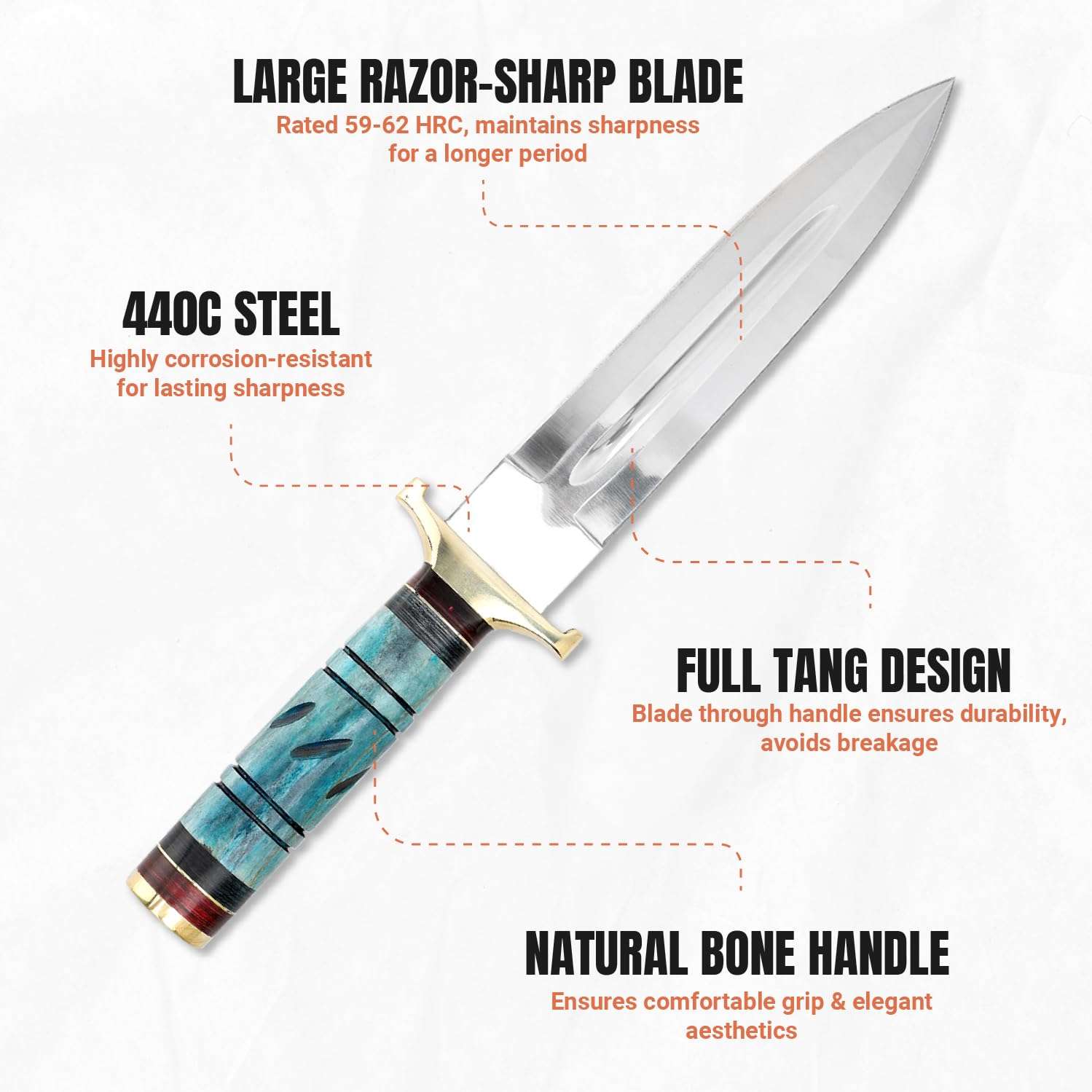 Perkin Hunting Knife - 13” Double Edge Knife - Handmade Knife with Leather Sheath - 440C Razor Sharp Steel Spear Point Blade with Colored Bone Handle for Camping, Tactical, and Survival 3