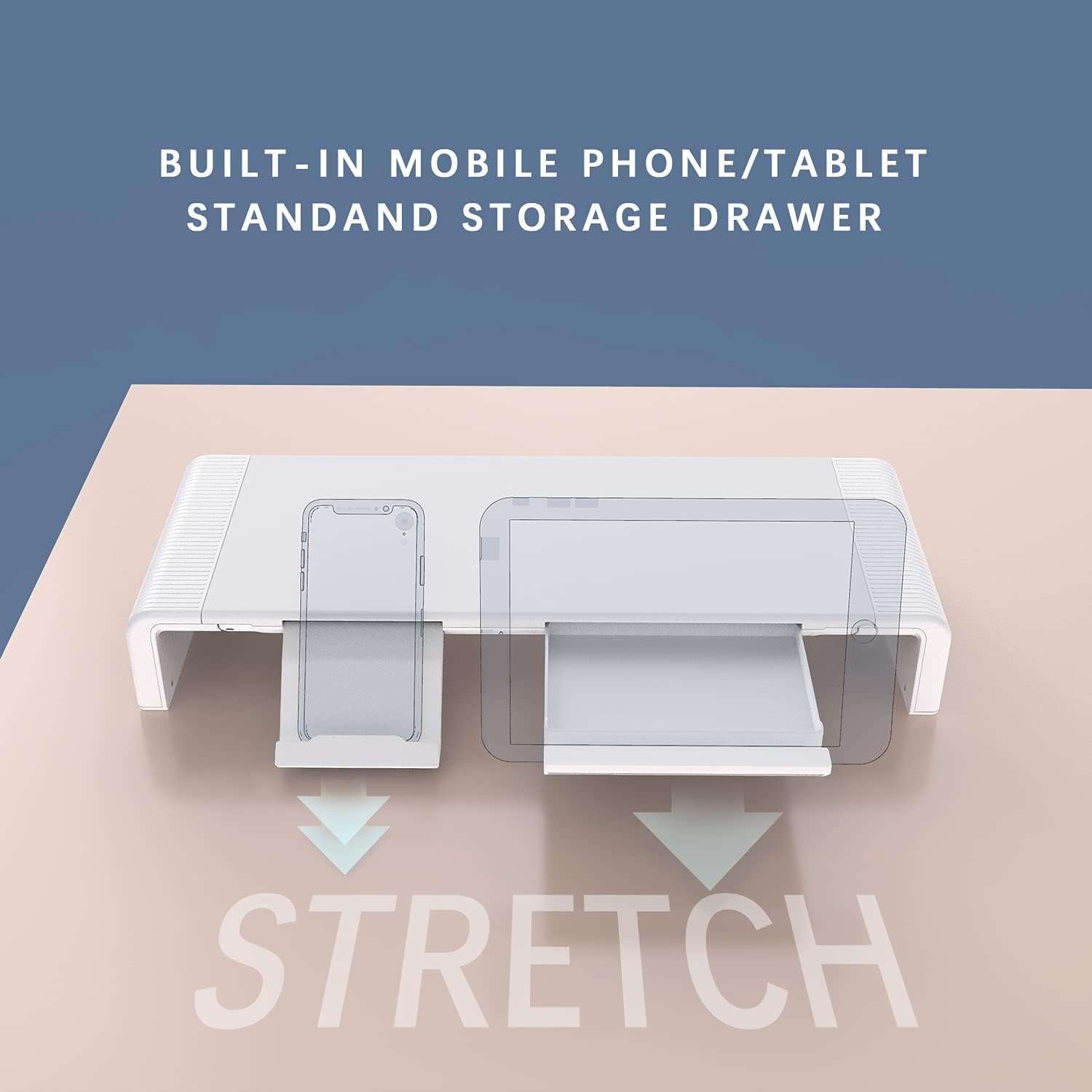 PIKFOS Folding Monitor Stand Riser, Computer Monitor Stand with Adjustable Width, Compatible with iMac, Printer, Laptop with Storage Drawer, Tablet & Mobile Phone Stand Holder, White 4