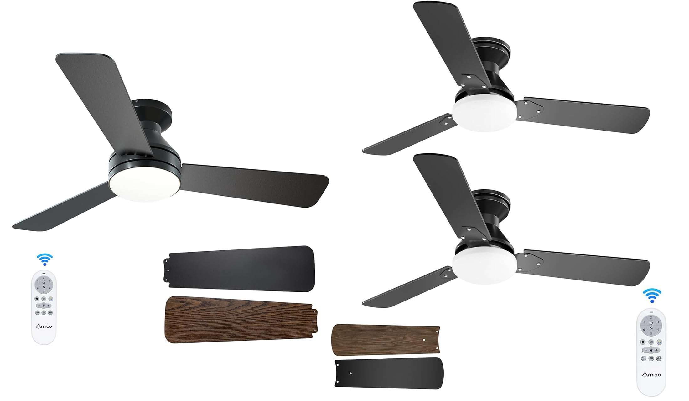 Amico 3 Pack Ceiling Fans with Lights, 42 inch Low Profile Ceiling Fan with Light and Remote Control, Flush Mount, Reversible, 3CCT, Dimmable, Noiseless, Black Ceiling Fan for Bedroom, Indoor 1