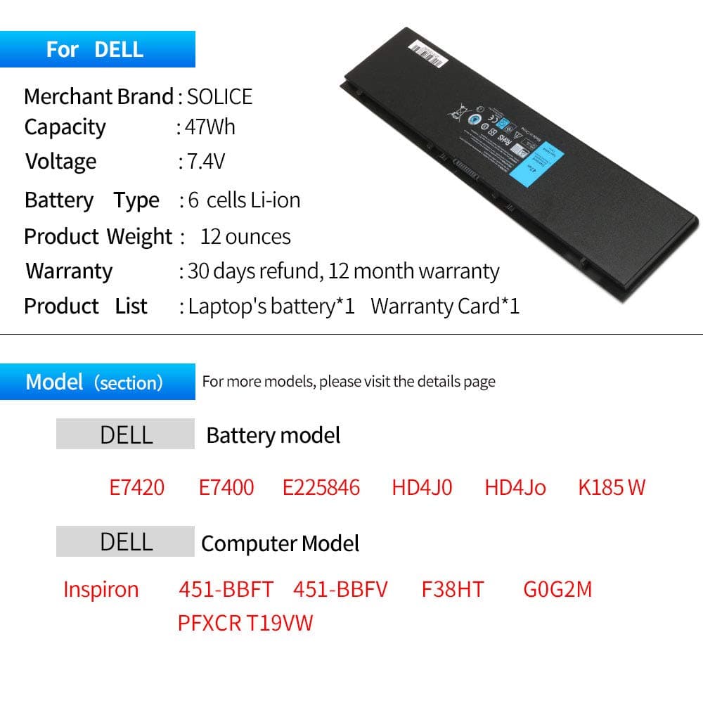 New E7440 451-BBFV 451-BBFT F38HT G0G2M PFXCR T19VW Laptop Battery Compatible with Dell Latitude E7420 451-BBFY E225846 Laptop Notebook Series [7.4V 47Wh ]– 12 Mothy Warranty 4