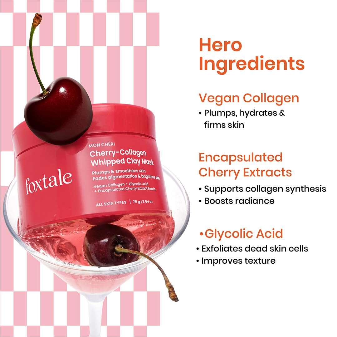 Foxtale Cherry-Collagen Whipped Clay Mask | Vegan Collagen + Glycolic Acid + PHA + Cherry Beads | Hydrates, Plumps & Firms Skin | Detoxifies Pores, Brightens & Smooths Dull, Uneven Skin | 75g 4