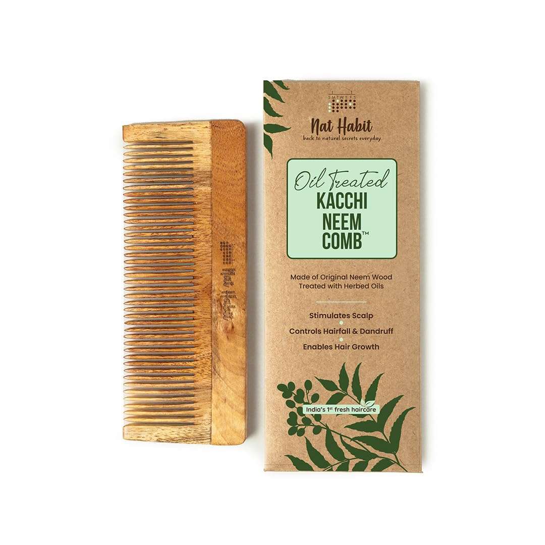 Nat Habit Kacchi Neem Wooden Comb, Soaked In 13 Herbs, Neem & Sesame Oil For Men & Women Daily Styling & Detangling (Fine Tooth Large Size) Pack of 1 1