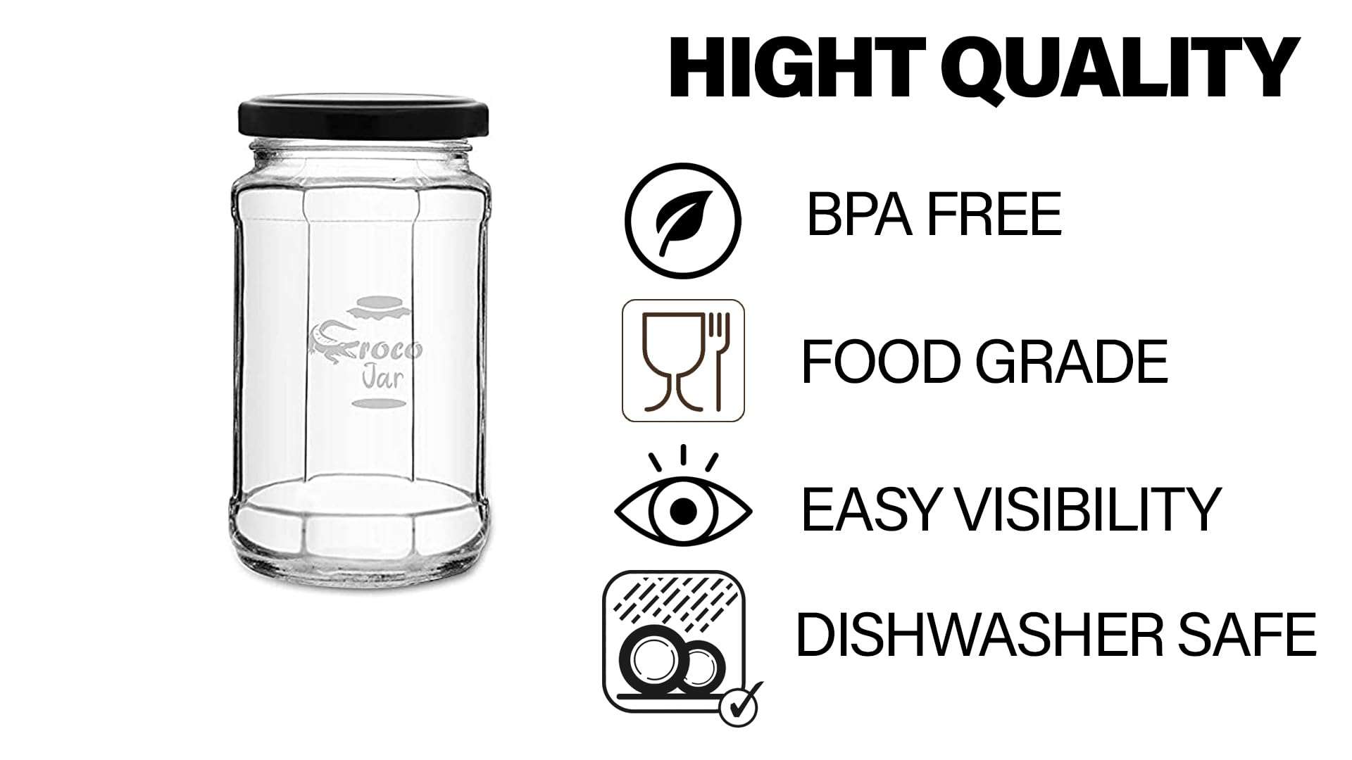 Croco Jar Glass Jars and Storage Containers Air Tight Lid For Herbs, Foods, Jams, Liquid, Small Spice Jars - 500 Ml Glass Pickle Jar (Pack Of 6, Black) 4