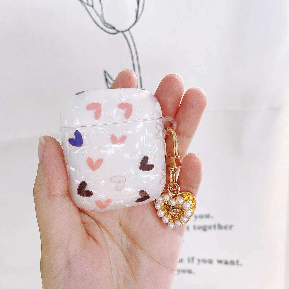 Ownest Compatible with AirPods Case with Pearl Heart Shape Keychain Shell Heart Pattern Cute Girls Woman Case Soft Cover Case for Airpods 2 &1,Cute for Airpods-Heart 6