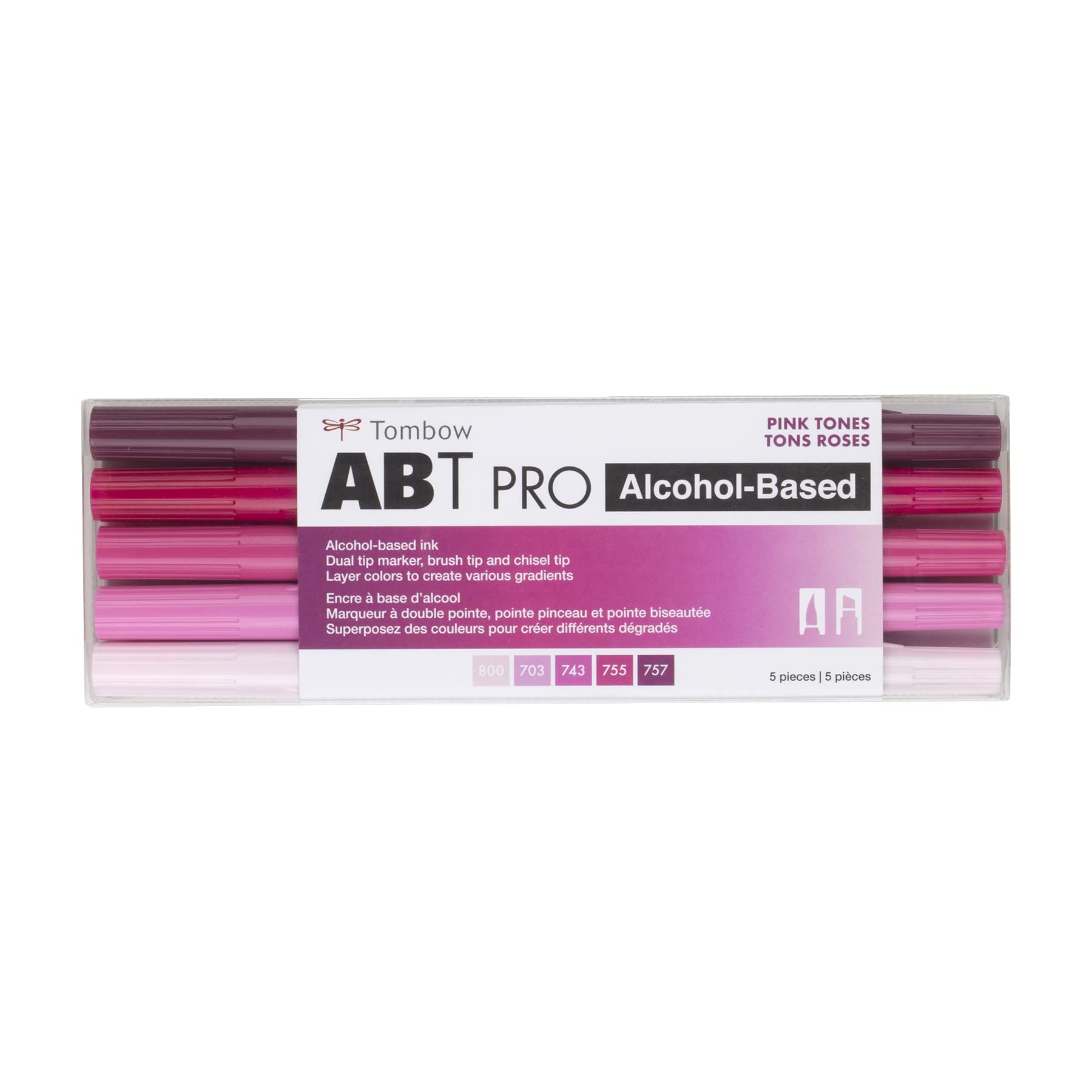 Tombow 56968 ABT PRO Alcohol Markers, Pink Tones, Set of 5 Colors – Dual Tip, Permanent Art Markers Feature Chisel and Brush Tips Perfect for Coloring, Sketching, and Creating Color Gradients
