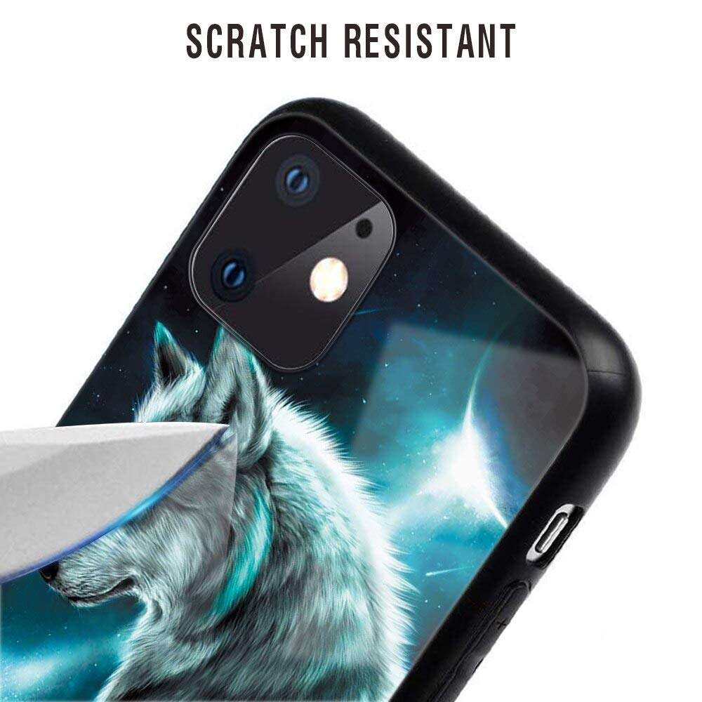 Eouine for Apple iPhone 11 Case, [Anti-Scratch] Shockproof Patterned Tempered Glass Back Cover Case with Soft Silicone Bumper Skin for Apple iPhone11 Smartphone (Wolf 2) 2