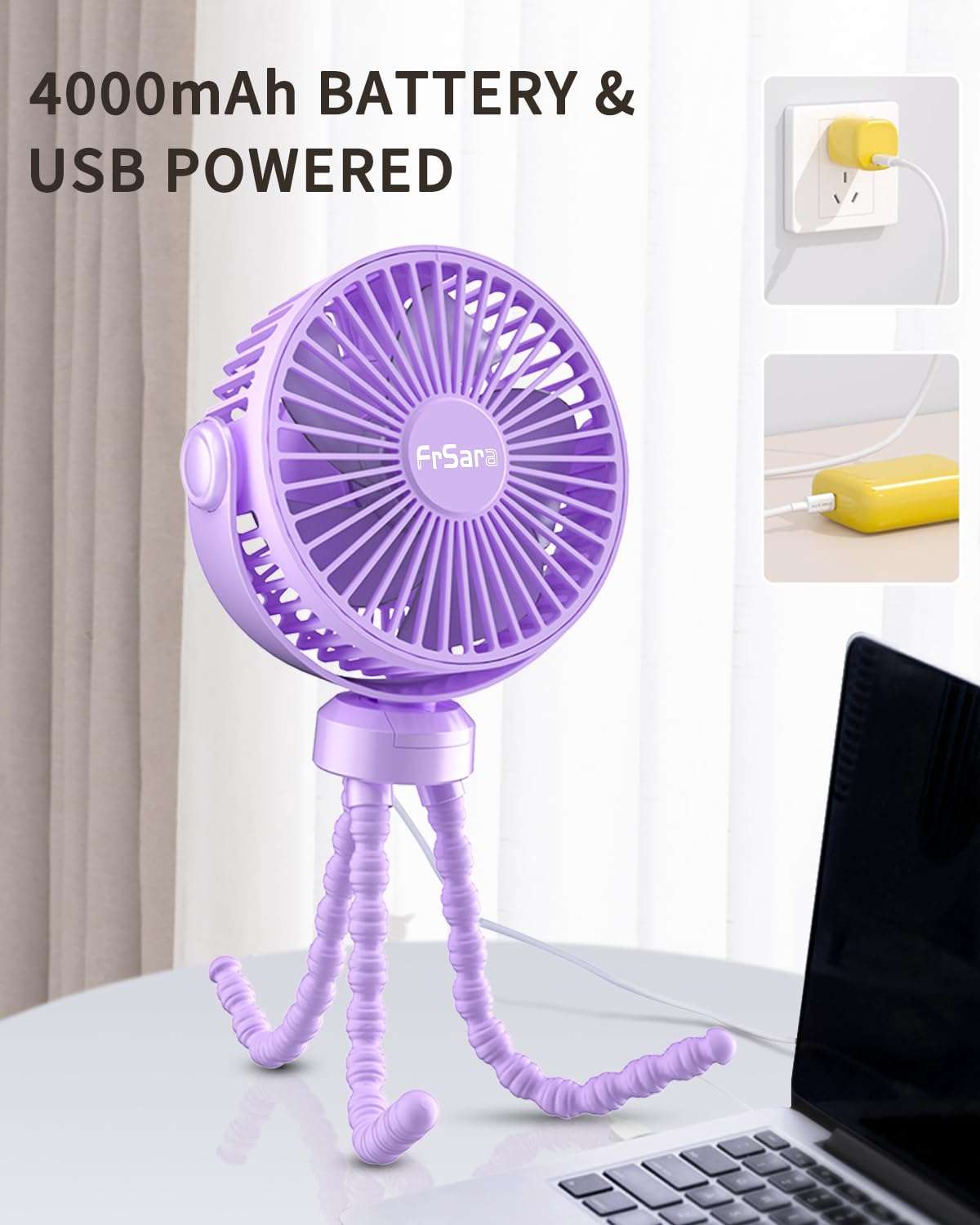 FrSara Portable Clip-On Fan for Baby, Safe and Quiet, 4000mAh, 3-Speed Adjustable, Suitable for Strollers, Car Seats, Desks, Travel, Bicycles, Camping - Dark Pink 5