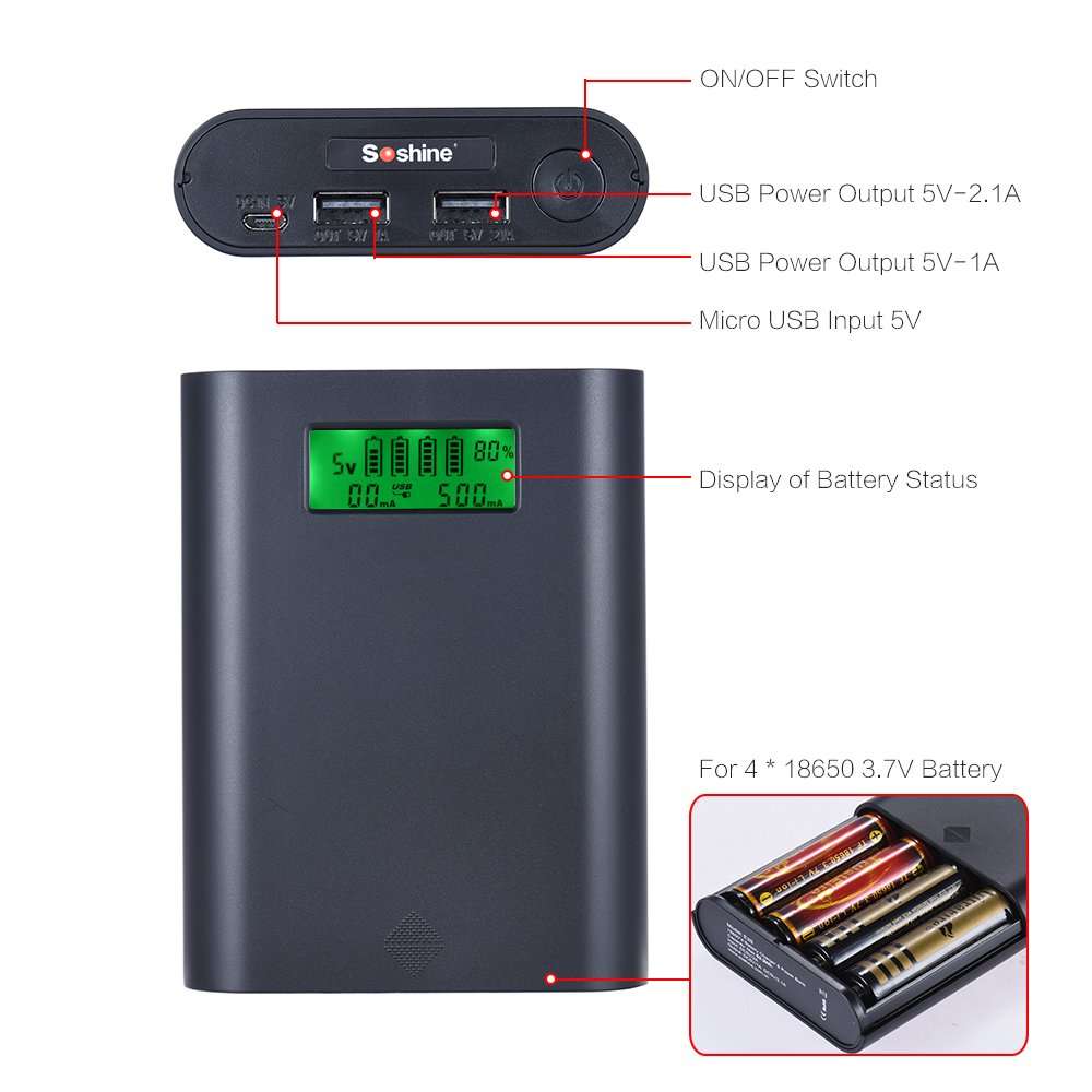E3S Portable LCD Display 4 Slots 18650 Battery External Charger Holder Box Case DIY Power Pack Kit Compact Backup Power Source with Dual-USB Port - Black-POOWE 5
