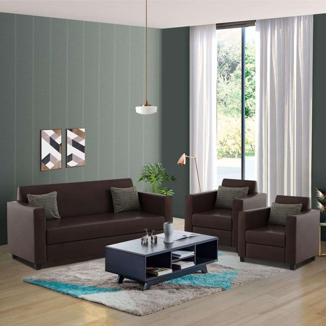FURNY Berroy 5 Seater 3+1+1 Leatherette Sofa Set - (Brown)