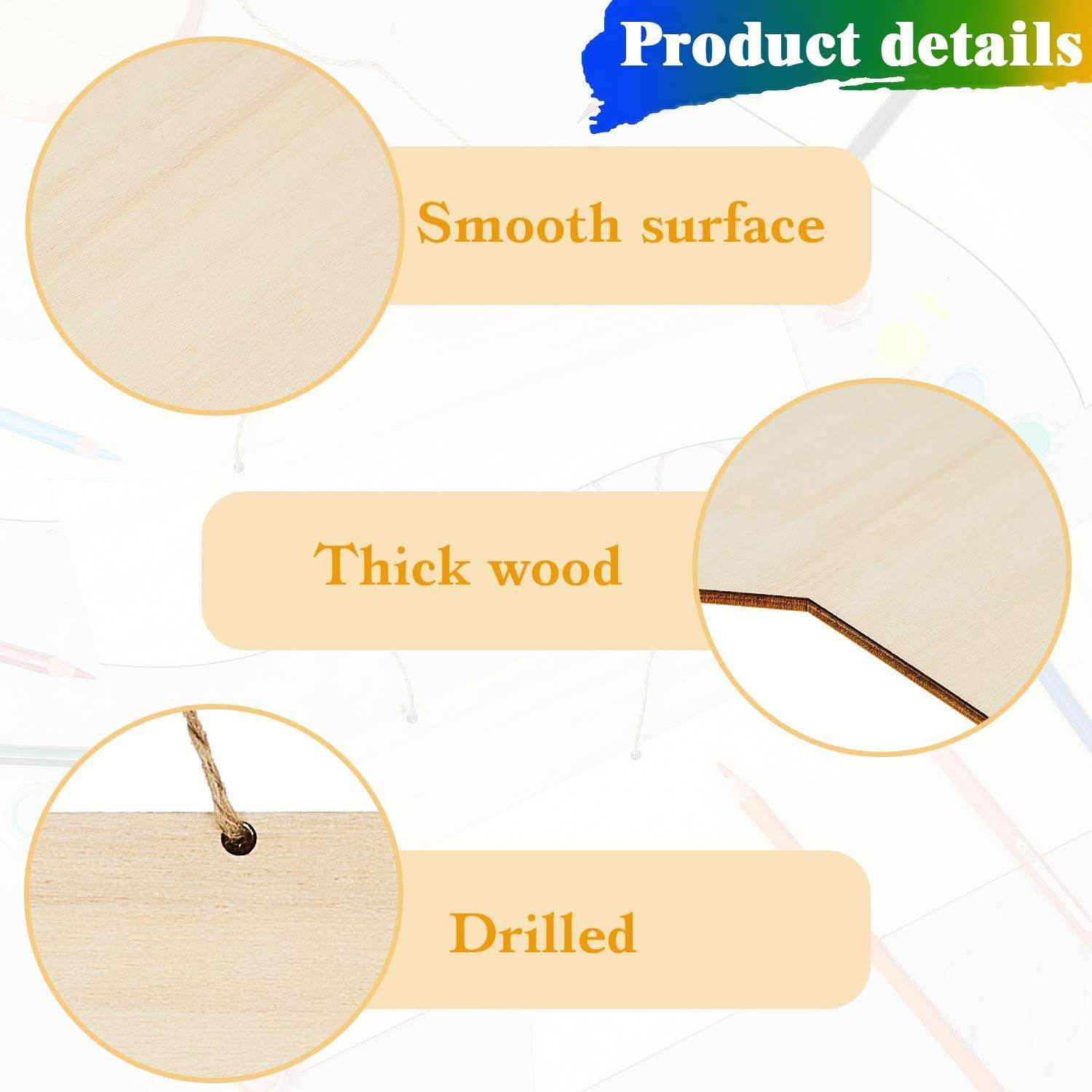 AmericanElm Unfinished Hanging Wood Sign Blank Decorative Plaque 3mm Thick Wooden Slices Banners with Ropes for Pyrography Painting Writing Home DIY Crafts Supplies (Wood Color, 4 Pieces) 4