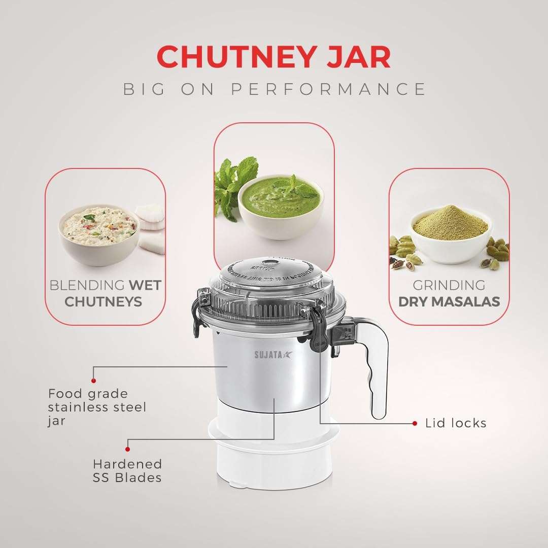 Sujata Dynamix Mixer Grinder|900 Watts Double Ball Bearing Motor|22000 RPM|Non-Stop 90 Mins Running|3 Food Grade Steel Jars - 1500ml Multipurpose, 1000ml Grinder, 500ml Chutney Jar|Black 4
