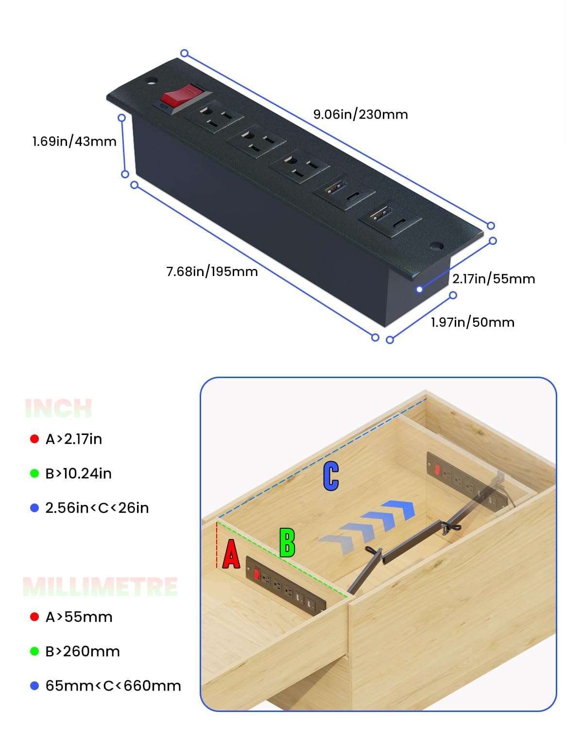 JACEPFY Drawer Outlet Kit with Typec PD20w Fast Charger Station, TR Outlet and 14AWG Power Cable Arm for Kitchen Bathroom Cabinets (Black) 5