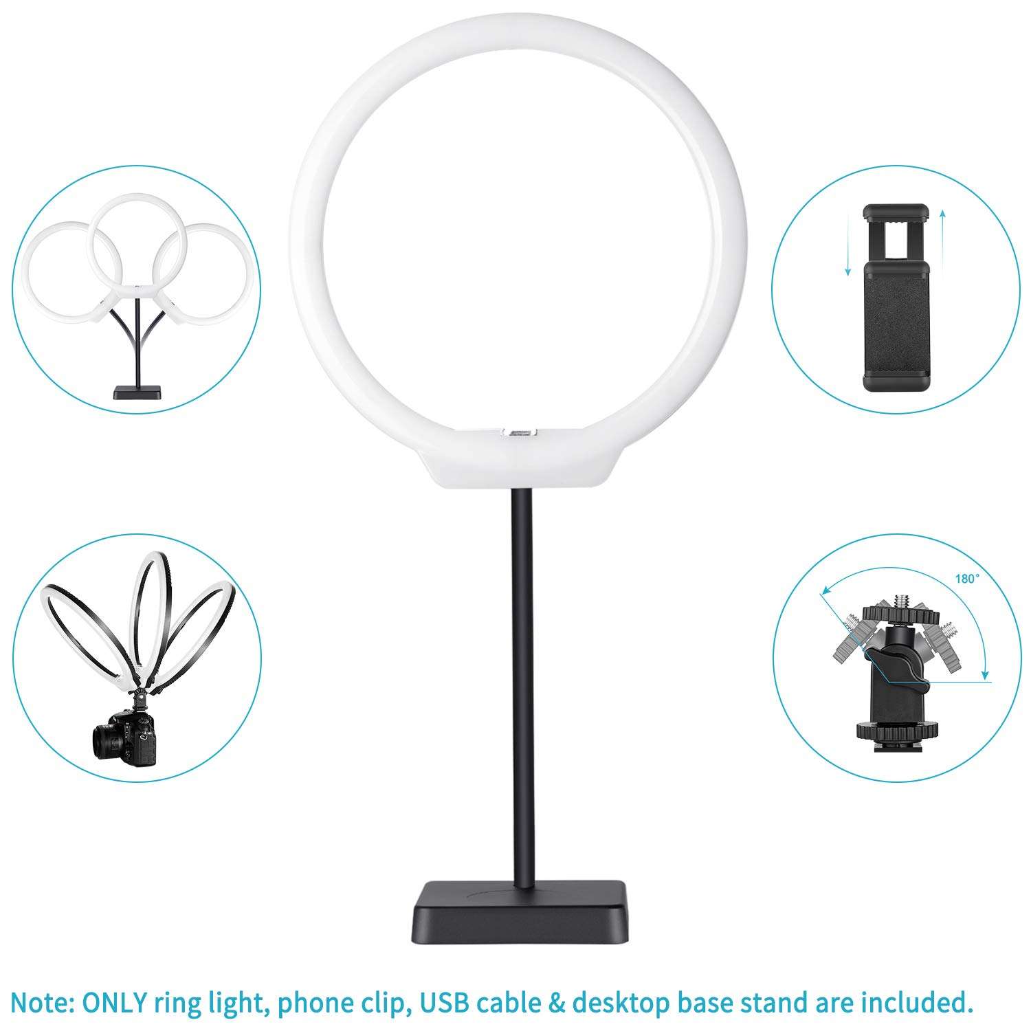 Neewer 10 inches USB-Powered LED Ring Light: 2-Power 5W/10W Dimmable Bi-color 3200-5500K On-Camera Light with Stand Base, Soft Tube, Cellphone Clamp for YouTube Videos, Make Up, Beauty, Live Streaming 6