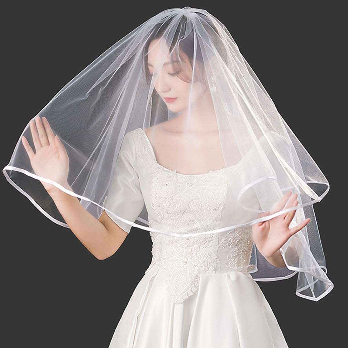 Ewanda store Double Ribbon Edge Center Cascade Bridal Wedding Veil with Comb White 6