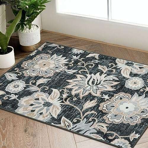 Beeiva Floral Entryway Rug Non Slip, Vintage 3x5 Rugs for Entryway with Rubber Backing Ultra Thin Entry Rugs, Paisley Print Machine Washable Area Rugs for Bathroom Kitchen Bedroom Office 1