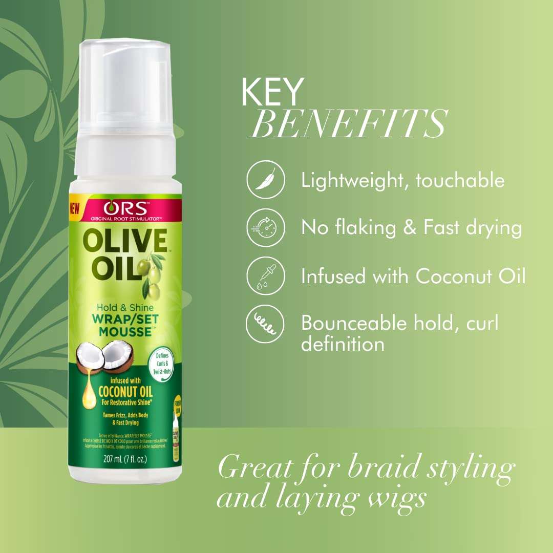 ORS Olive Oil Hold & Shine Wrap Set Mousse Infused with Coconut Oil for Restorative Shine - Olive Oil Curlshow Nourish & Grow* Hair & Scalp Oil Infused with Avocado Oil & Peppermint - Bundle 3