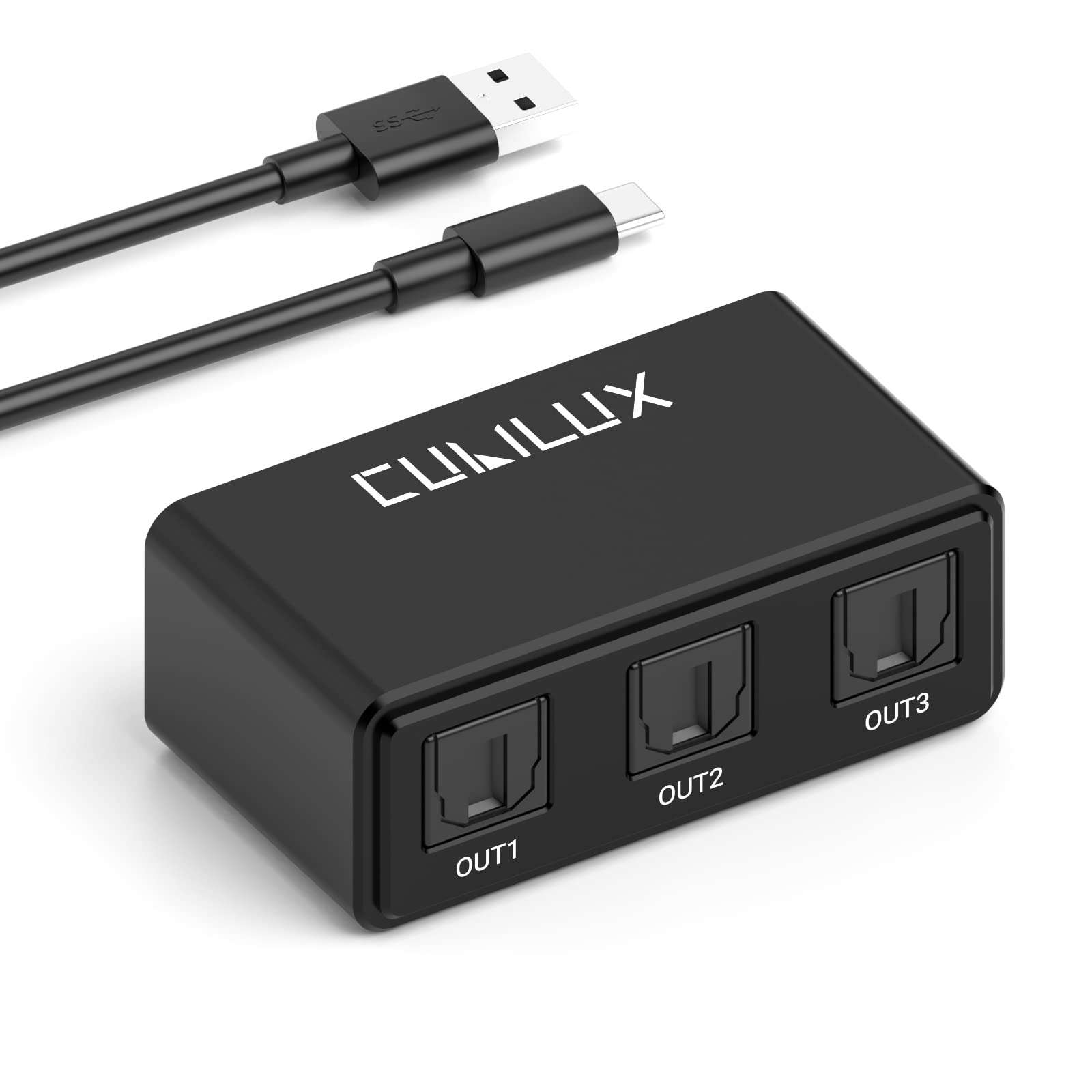 Cubilux 1-in 3-Out S/PDIF Splitter [Ultra-Low Jitter, USB C Powered] 3-Way Toslink Optical Audio Adapter for HDTV, Xbox One/360, PS4/PS3, CD/DVD/Blu-Ray Player, Home Theatre, Headphones, Soundbar 1