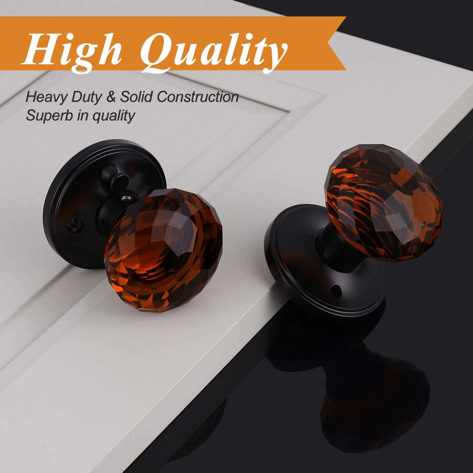 Probrico Privacy Door Knob with Lock for Bedroom and Bathroom 1 Pack, Keyless Crystal Door Knobs Interior, Heavy Duty Glass Door Knobs with Black Round Rosette 2