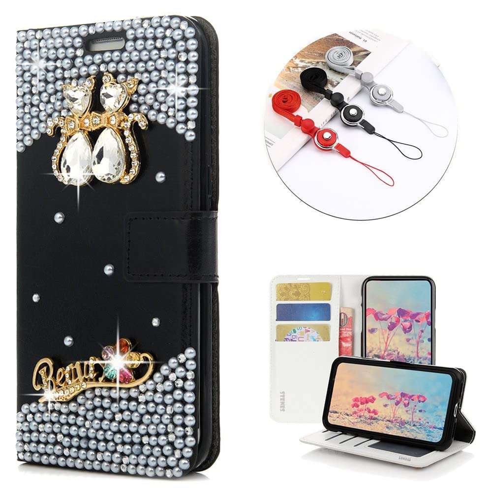 STENES Bling Wallet Case Compatible with Samsung Galaxy S8 Plus - Stylish - 3D Handmade Crystal Couple Cat Flower Magnetic Wallet Leather Cover with Neck Strap Lanyard [3 Pack] - White 2