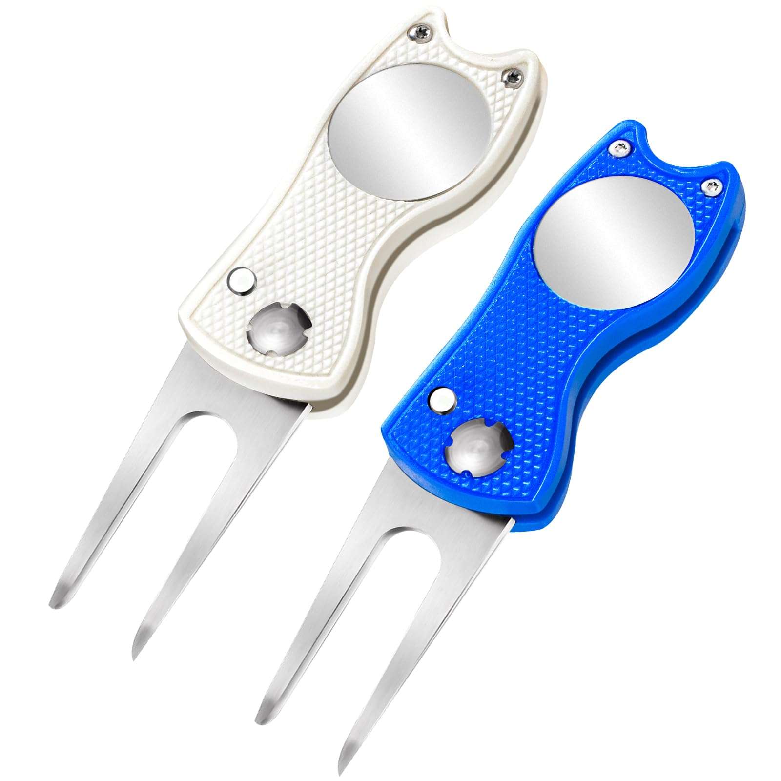 2 Pack Foldable Golf Divot Repair Tool Golf Divot Tool with Magnetic Button Ball Marker Divot Tool and Ball Marker for Golfers (2, White+Blue) 1