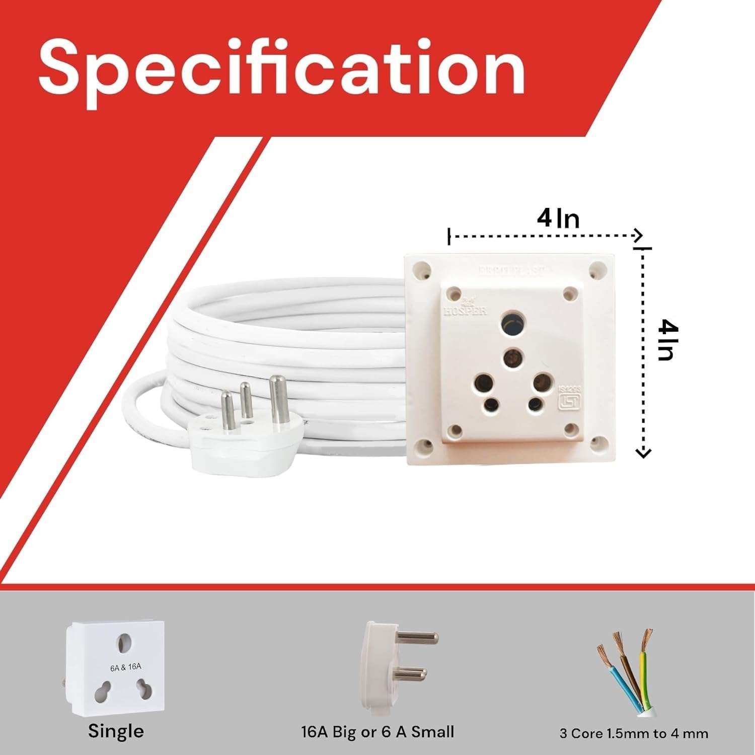 16A Power Extension Board with 1 Socket, 3500W Surge Protector, Electric Cord for Computer, Fridge, AC, Home and Office Appliances (White) 220 Volts (15 Meter) 3