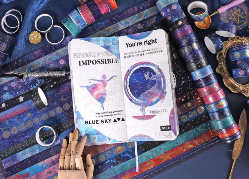 24 Rolls Handmade Decorative Masking Tape for Journaling, DIY Crafts, Scrapbooking - Easy Peel & Stick, Vintage Art Design，Washi Paper，Gift Wrapping, Home Decor - Waterproof, Reusable,Galaxy 3