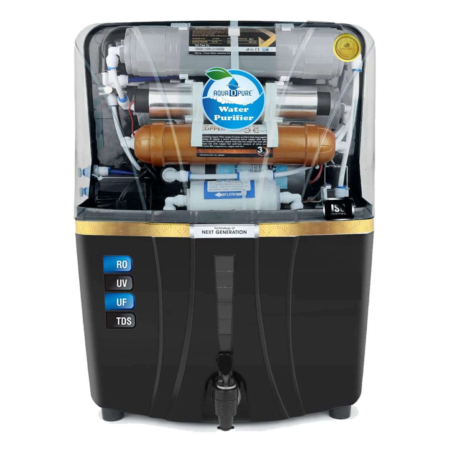AQUA D PURE Advanced Copper RO Water Purifier with UV, UF and TDS Controller | 12Liter | Fully Automatic Function and Best For Home and Office