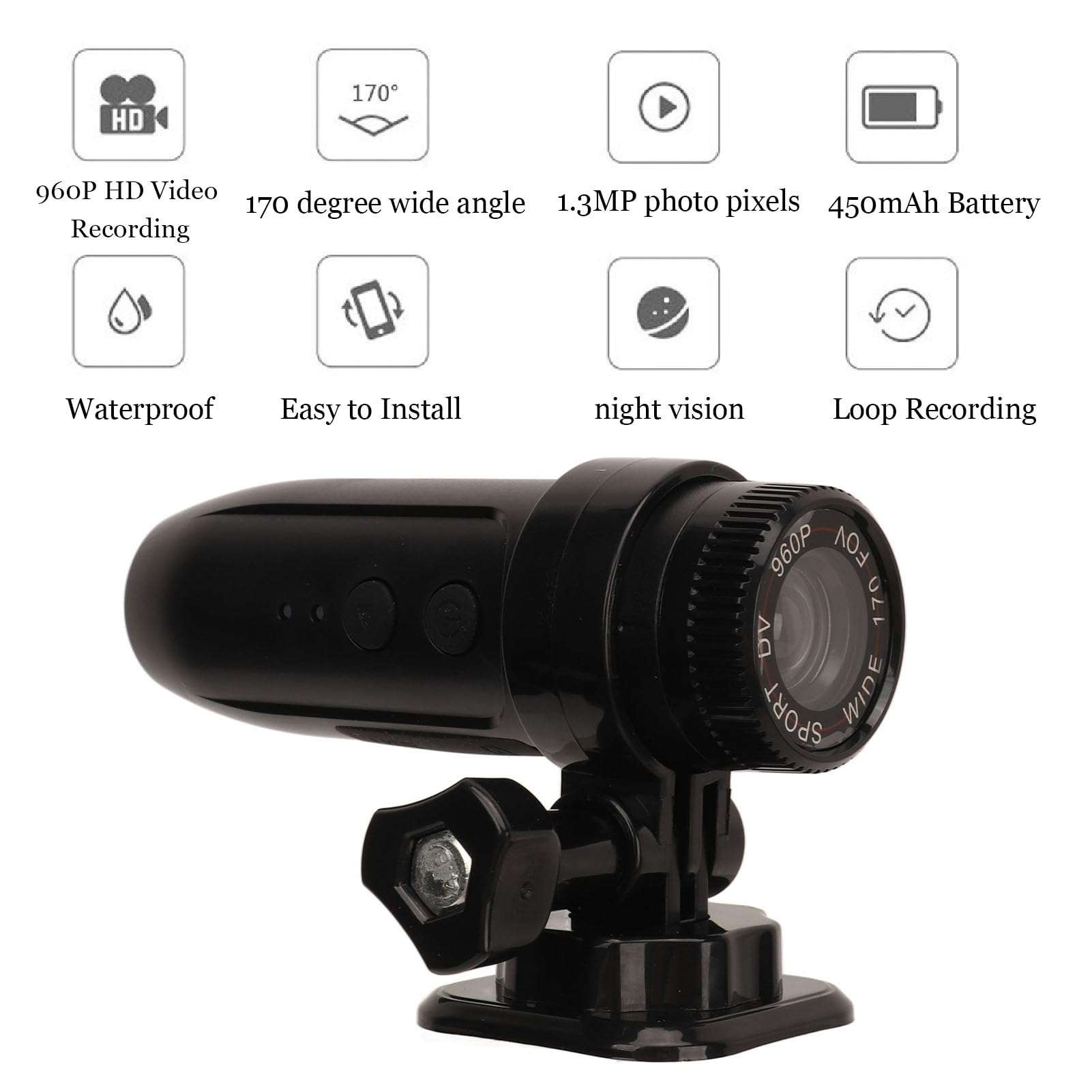 Bike Motorcycle Helmet Camera, 960P Sports Action Camera 170° Wide Angle Motorcycle Video DV Camcorder, Bike Video Recorder with Loop Recording 3