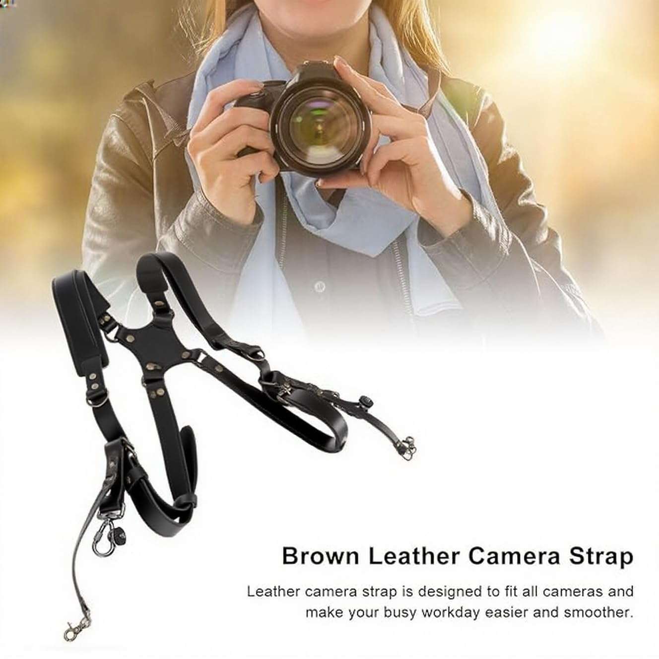 Jerliflyer Double Camera Harness, Quick Release Adjustable Leather Camera Harness for Photographers, Can Hold Two Cameras(Black) 5