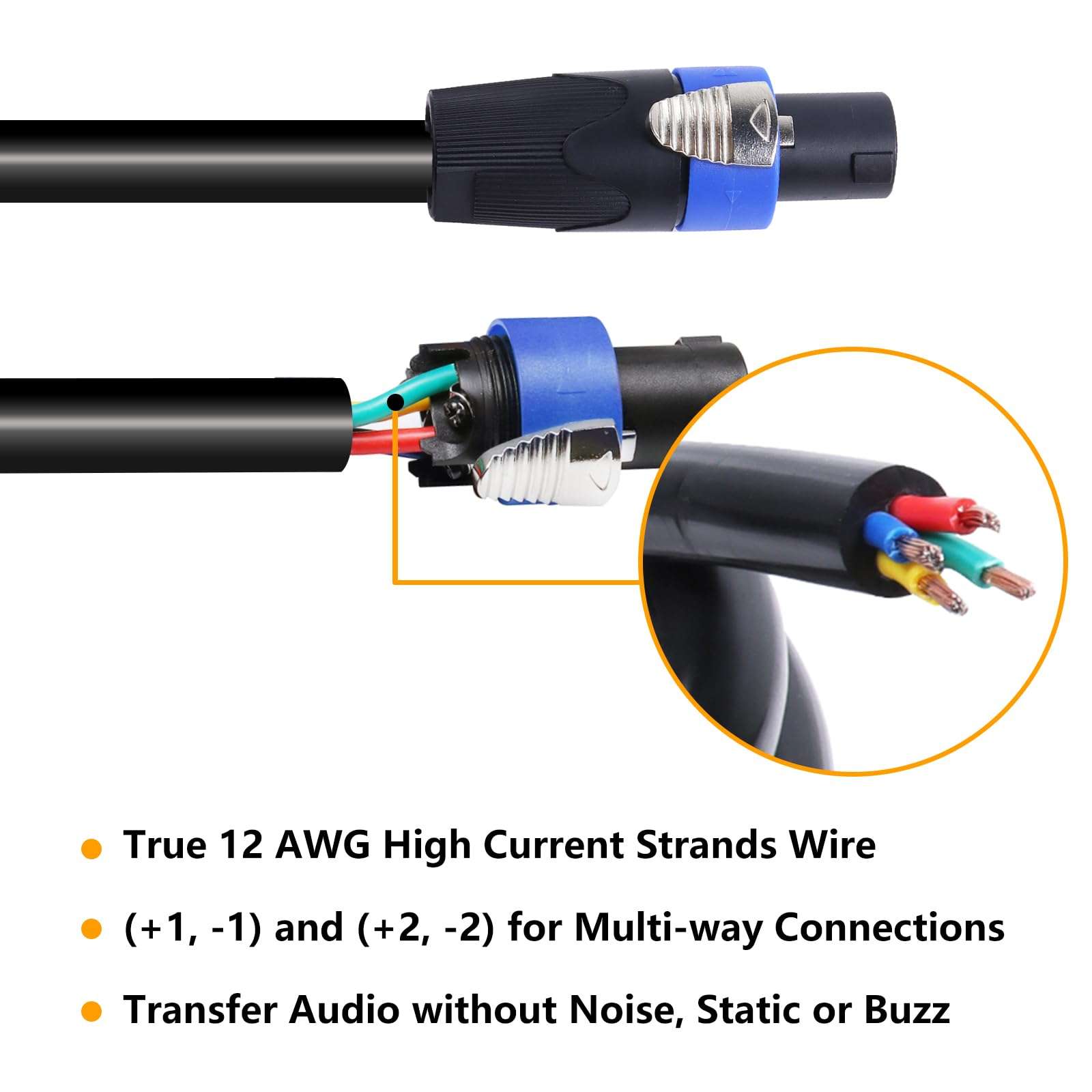 HBU True 4 Conductor Speakon Cable - Pro Speakon to Speakon Cables with NL4FC 4 Pole Audio Patch Cord - for Chuchero Cabinet Wire, 4 Conductors (25 Feet, 1 Pack) 6