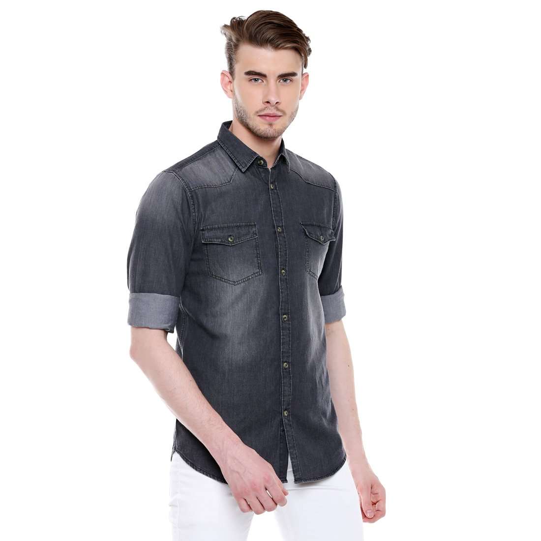 Dennis Lingo Men's Denim Grey Slim Fit Casual Shirt (C501_Grey_XL) 1