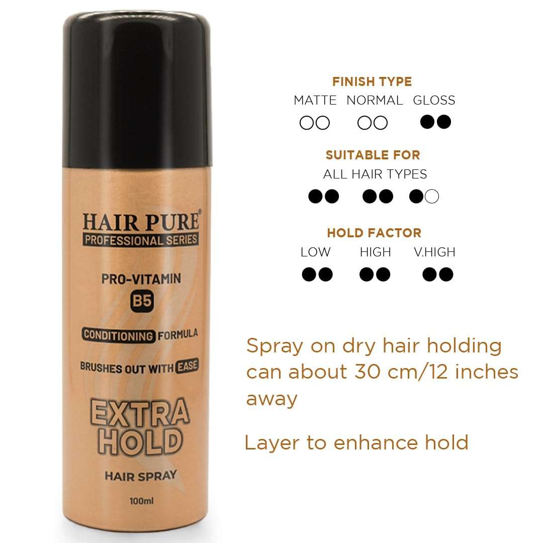 Hair Pure Extra Hold Hair Spray | Quick Drying | Long Lasting Hold | No Flaking | Natural Shine | Non-Sticky | Easy Wash Off | Pro Vitamin B5 | Conditioning Formula (100Ml) 6