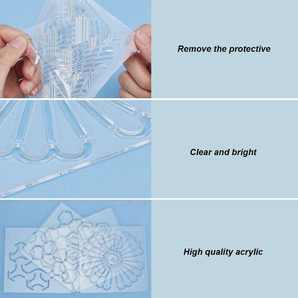 WEBEEDY 4 Styles Acrylic Sashiko Stencil Reusable Tree,Hexagon,Windmill,Clover Sashiko Pattern Template for Adults Beginners Drawing Line Template for Hand Quilting Embroidery,12x12x0.2cm/4.7x4.7x0.1 4