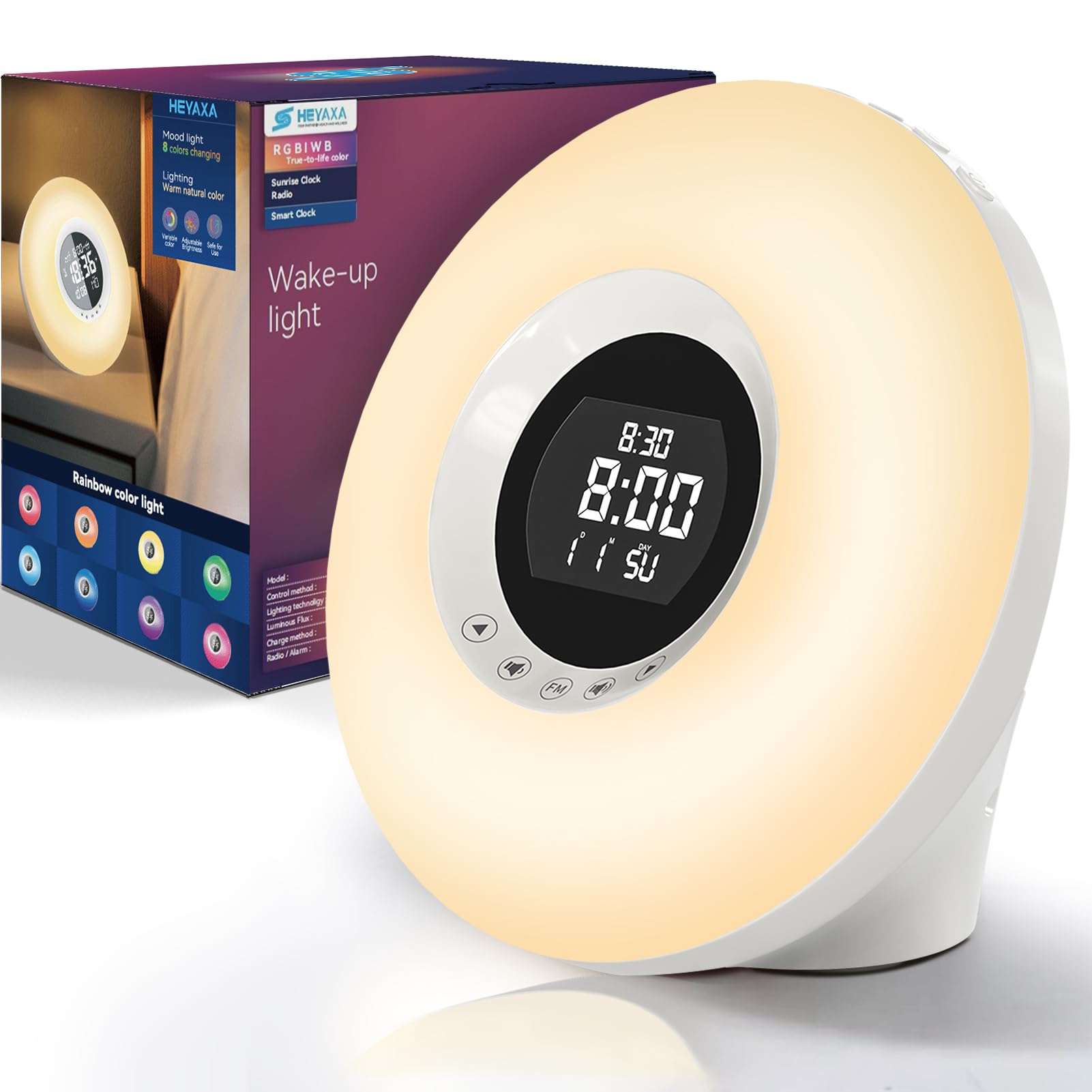 HEYAXA Sunrise Alarm Clock with Wake Up Light for Kids, Adults, Heavy Sleepers, Sleep Aid with Sunrise Simulation,8 Colors Night Light & 6 Natural Sounds for Bedrooms FM Radio, Gift Ideas