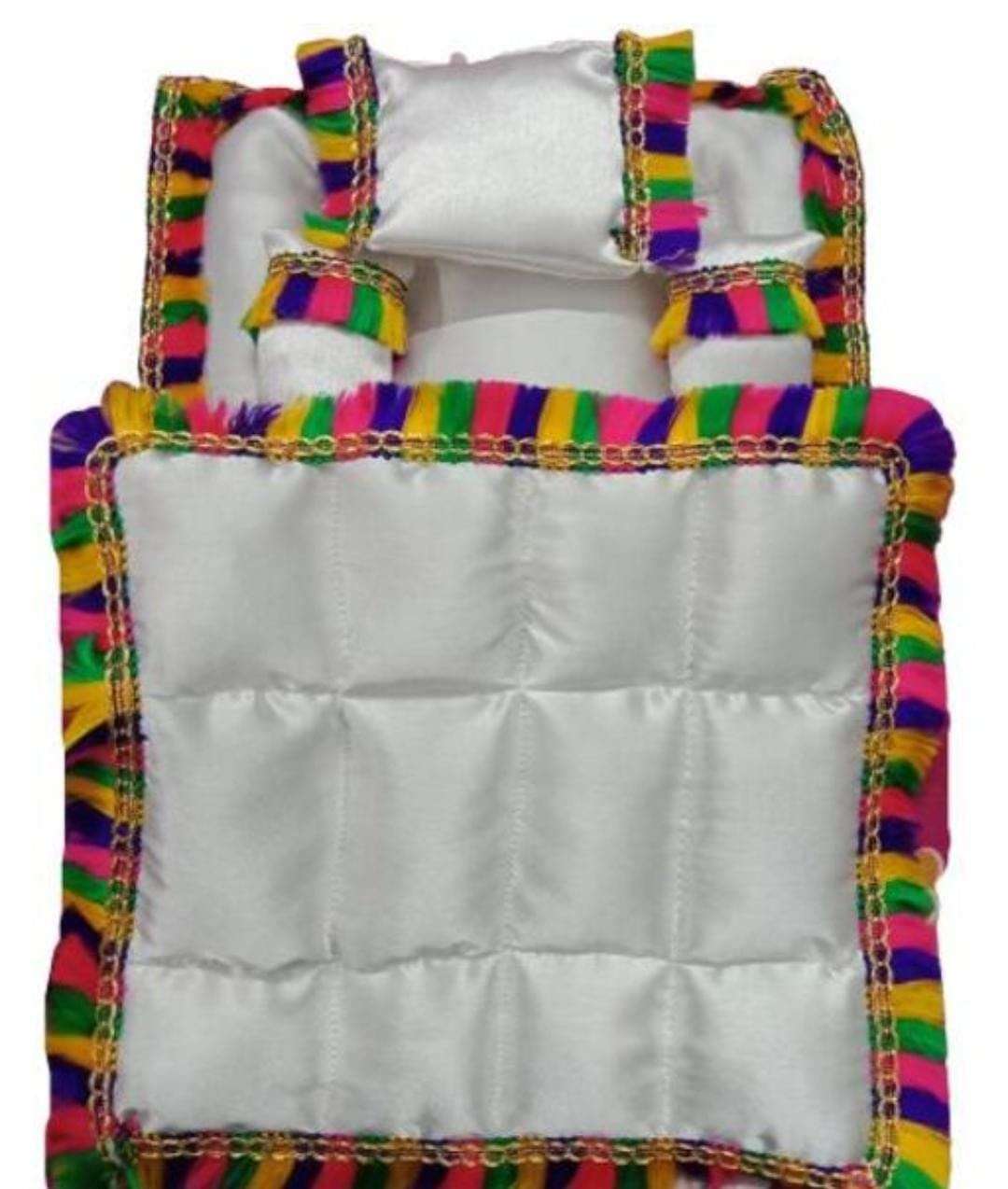 Poorti Enterprises Laddu Gopal Ji Super Soft Satin Blanket/Kambal/Rajai and Mattress/Gadda with Pillow for Krishna Idol (Ladoo Gopal Bister Set) (White) - with Free Exciting Gift for Kanha Ji 1