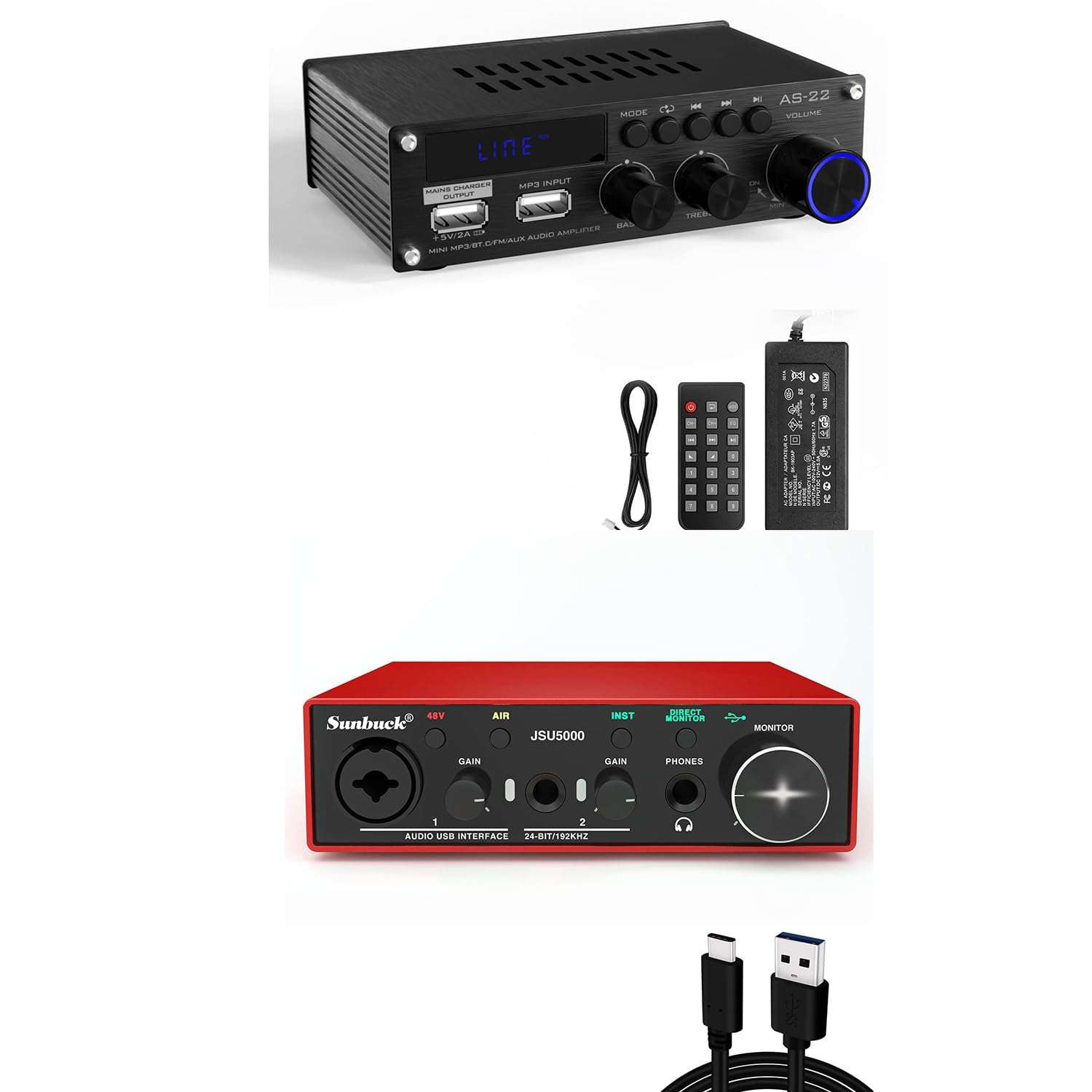 Sunbuck USB-C Audio Interface 24Bit/192kHz & Mini Amplifier, Stereo Receivers 1