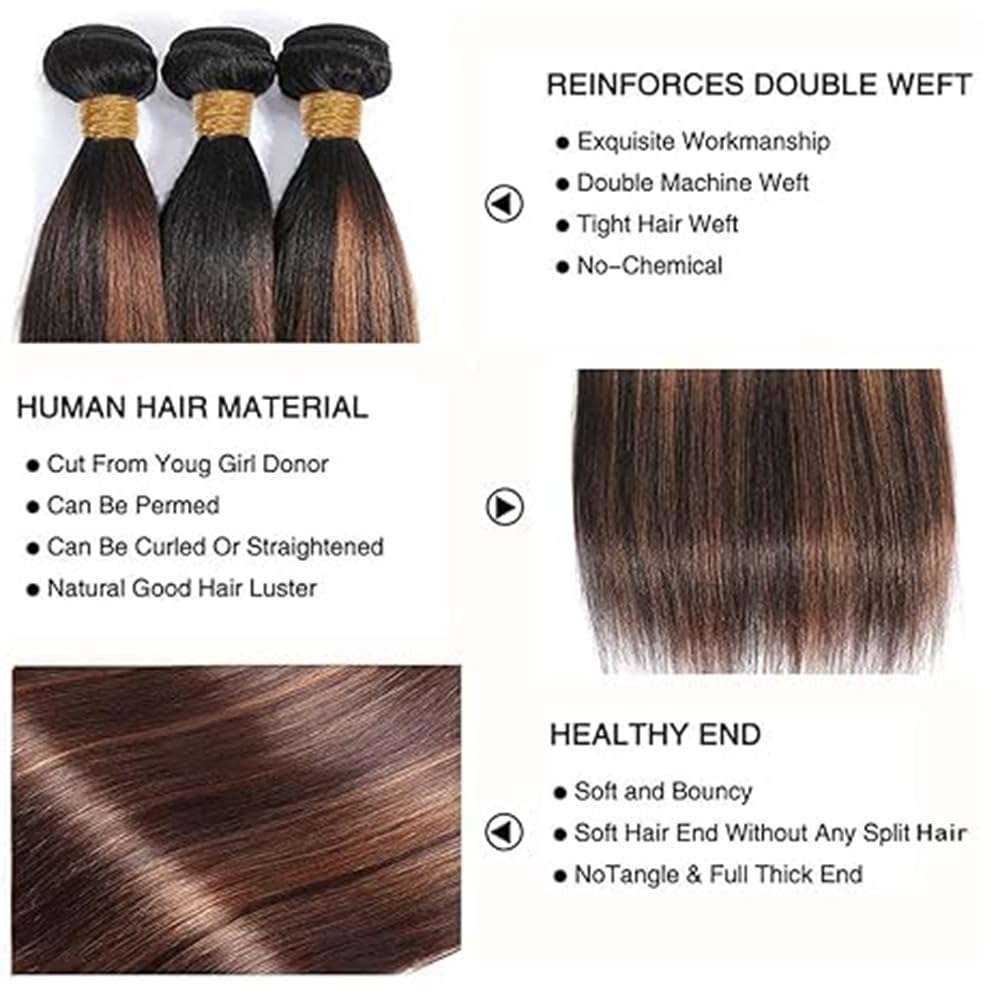 BilltiiWW P1B30 Highlight Straight Bundles Black Mixed With Light Brown two tone Brazilian Human Hair Wavy Weave With Soft and Silky for Women 8 10 12 Inch 5