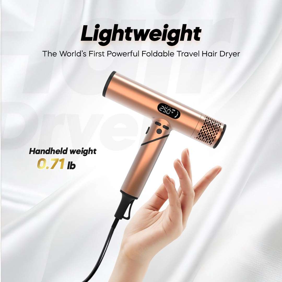 FusionHeat Dual Voltage Travel Hair Dryer with Magnetic Diffuser - 1500W High-Speed Ionic Blow Dryer, Worldwide 110V-240V, Ultra-Lightweight & Compact, Fast Drying with Smart Intelligent Heat Control 3