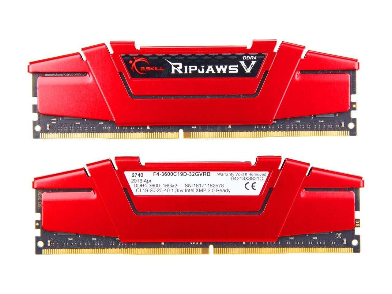G.SKILL RipjawsV Series DDR4 RAM (XMP) 32GB (2x16GB) 3600MT/s CL19-20-20-40 1.35V Intel AMD Desktop Computer Memory U-DIMM - Red (F4-3600C19D-32GVRB) 2