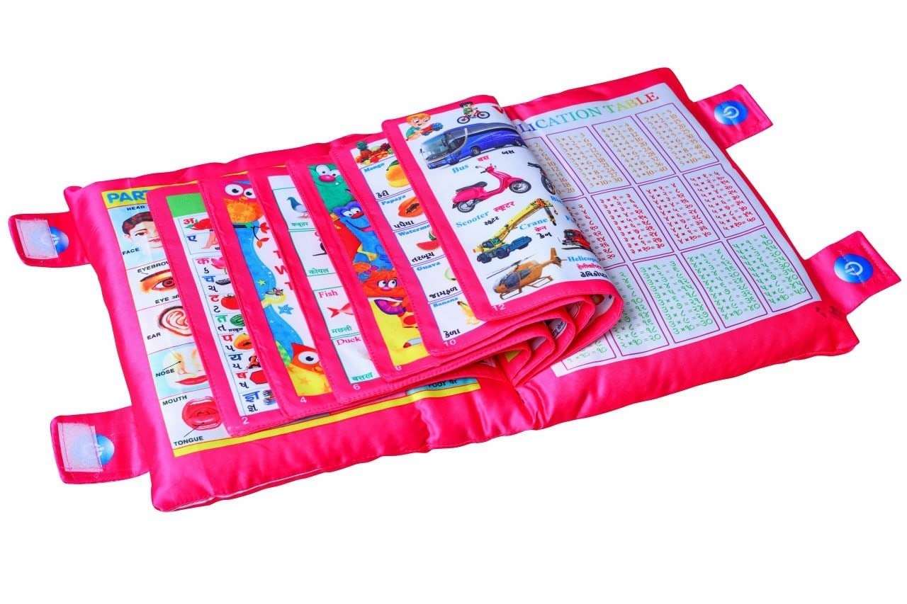 BELLADOR™ Silk Cushion Book Educational Toys for Kids 5 Years | Learning Toys for 3 Year Old | Toys for Learning Pillow Book with English and Hindi Alphabets, Numbers, Animals Names Color (Pink)