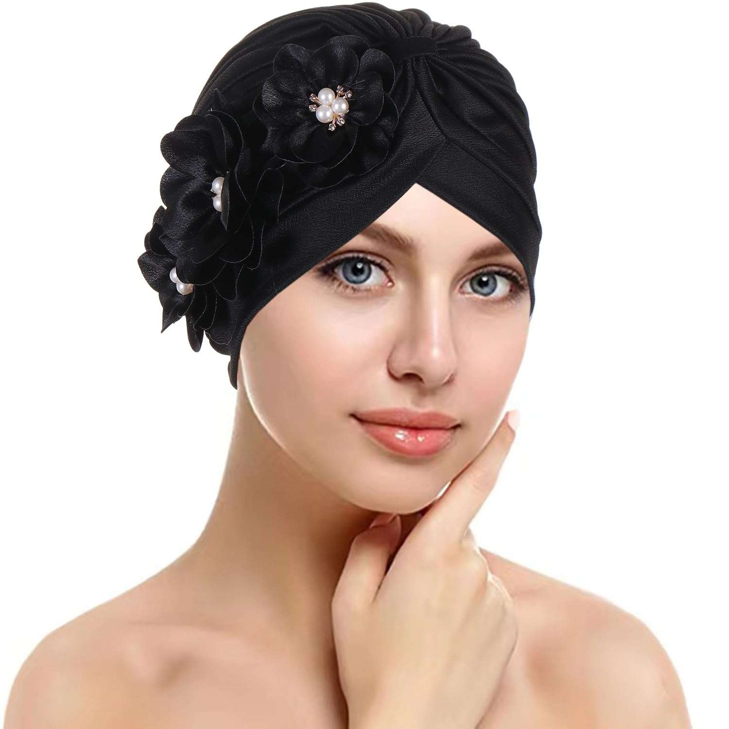 2 Pieces Womens Turban Three Flower Plicate Caps Vintage Beanie Headscarf Bonnet Elastic Headwrap Hat 4